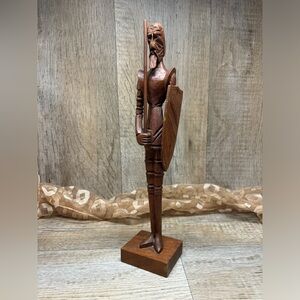 VTG Spanish DON QUIXOTE Sculpture Figure  Carved Wood W/ Spear & Shield 13.75”T